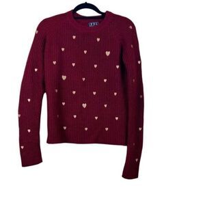 POL  Sweater Pullover Embroidered Gold Hearts Red Cotton Blend